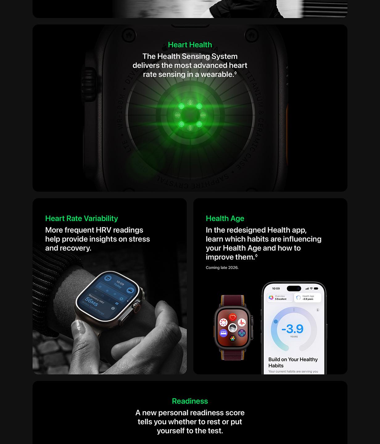 Apple Watch Ultra 4 highlighting extended battery life, advanced heart rate sensing, HRV insights, Health Age, and Readiness Score.